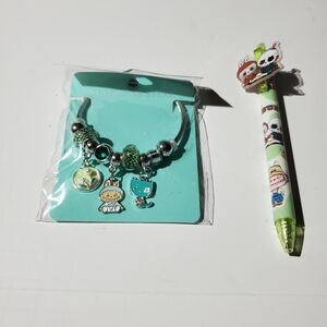 Stainless Steel Green Labubu Charm Bracelet & Pen Set